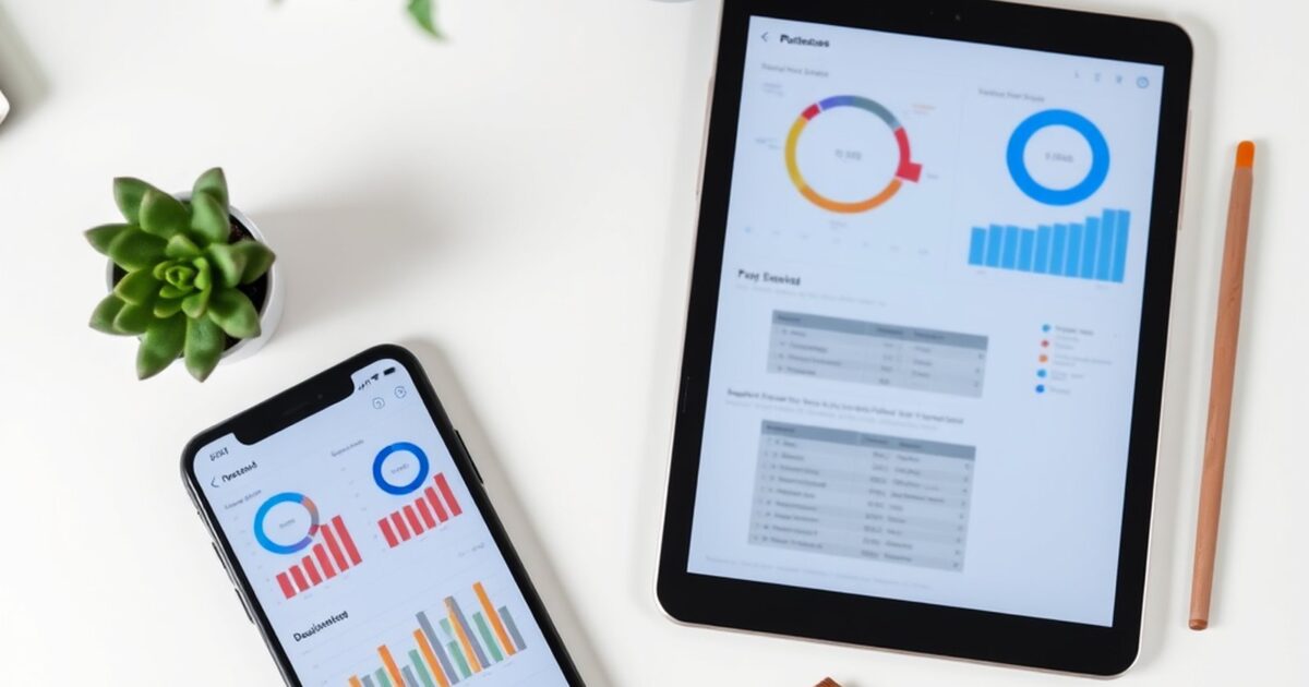 Smartphone and tablet on a clean desk showing painting estimate dashboards
