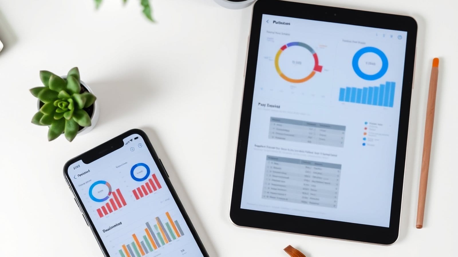 Smartphone and tablet on a clean desk showing painting estimate dashboards