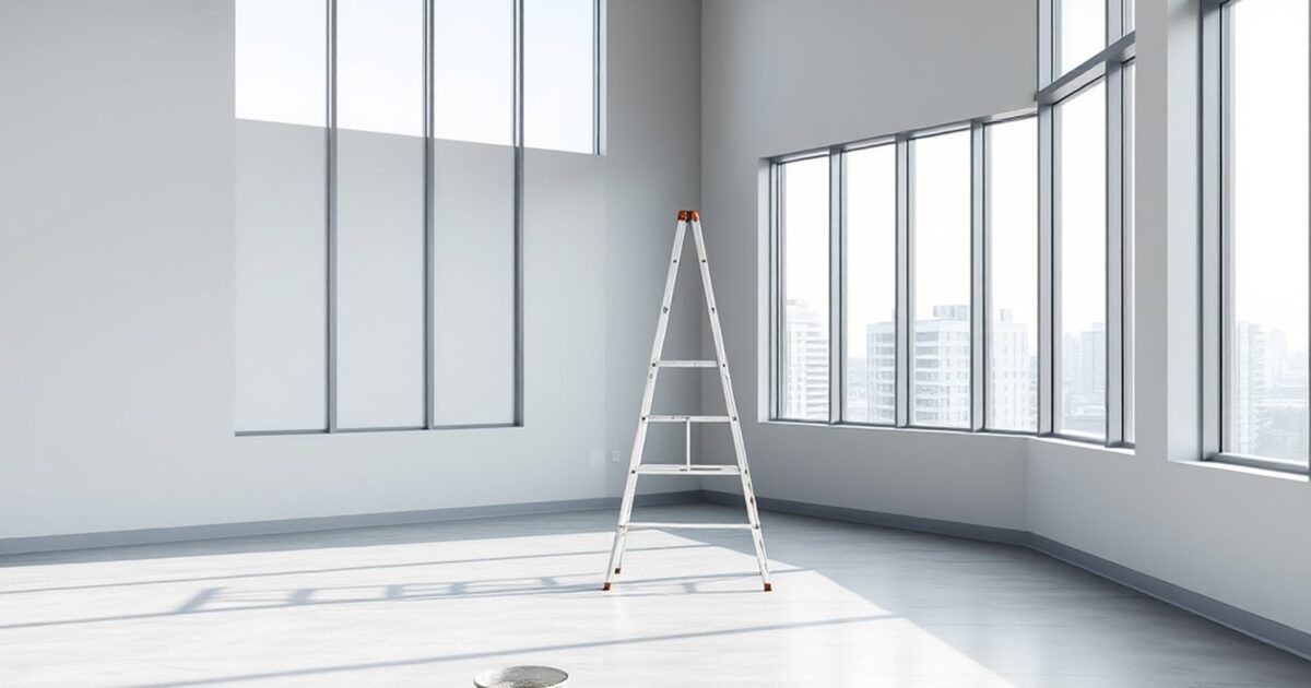 Modern empty office interior with neutral grey walls and a painter's ladder