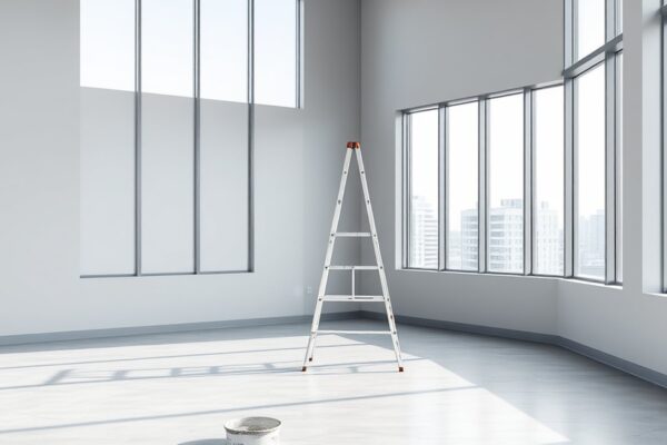 Modern empty office interior with neutral grey walls and a painter's ladder