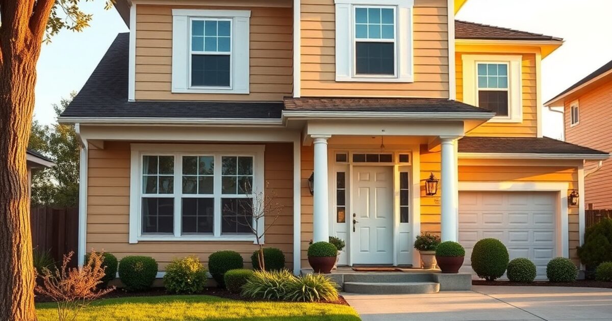 Freshly painted two-story suburban home with warm beige siding in golden afternoon light