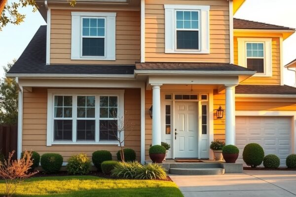 Freshly painted two-story suburban home with warm beige siding in golden afternoon light