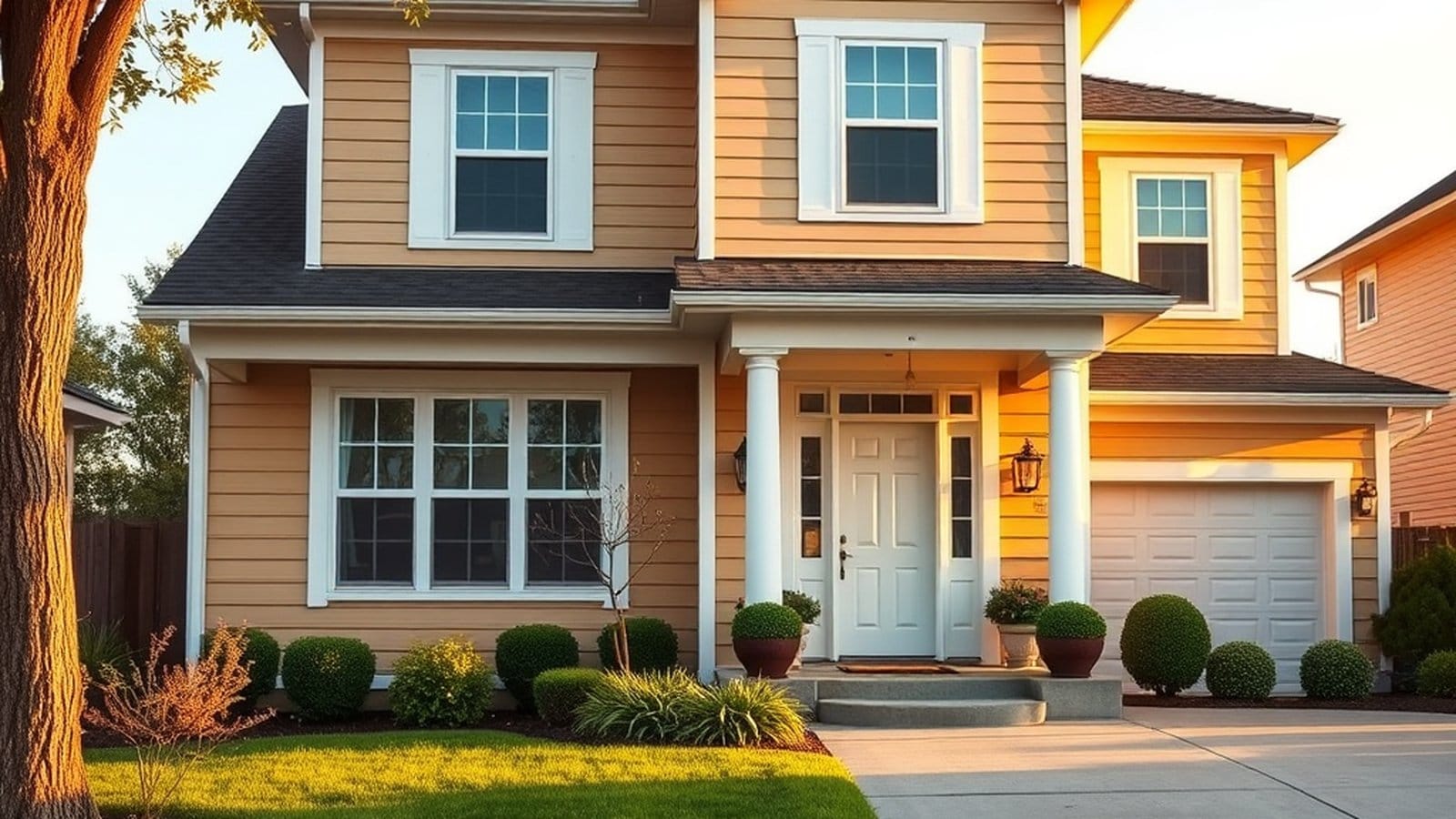 Freshly painted two-story suburban home with warm beige siding in golden afternoon light