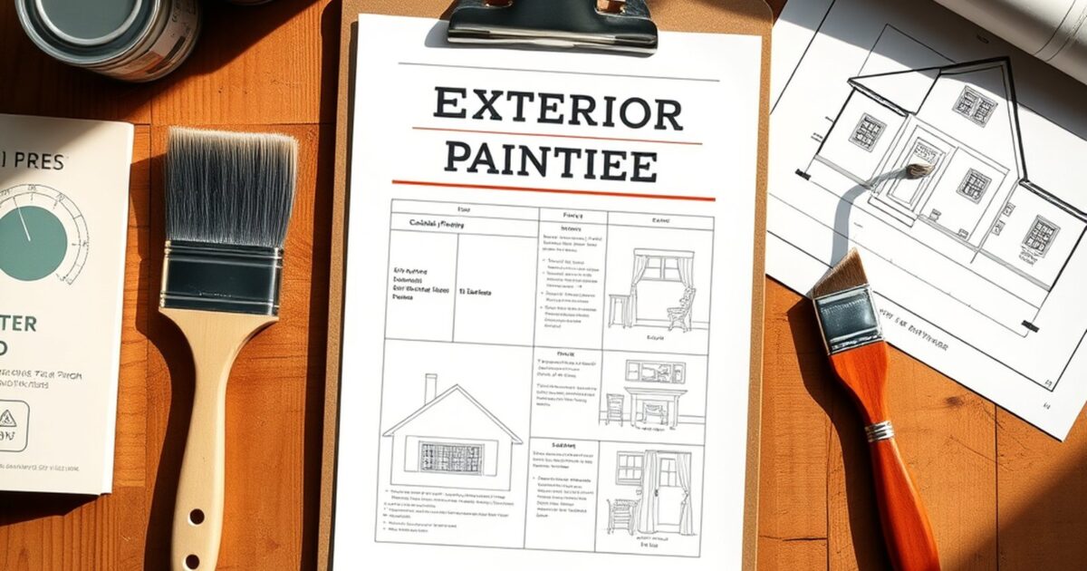 Exterior painting plan on a clipboard next to brushes and paint cans