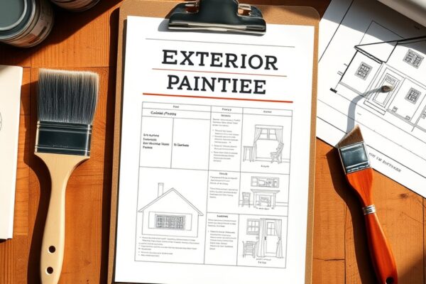 Exterior painting plan on a clipboard next to brushes and paint cans