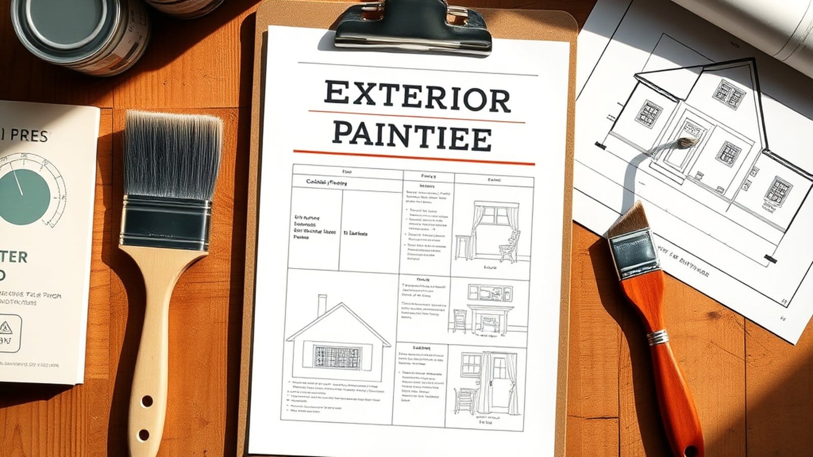 Exterior painting plan on a clipboard next to brushes and paint cans