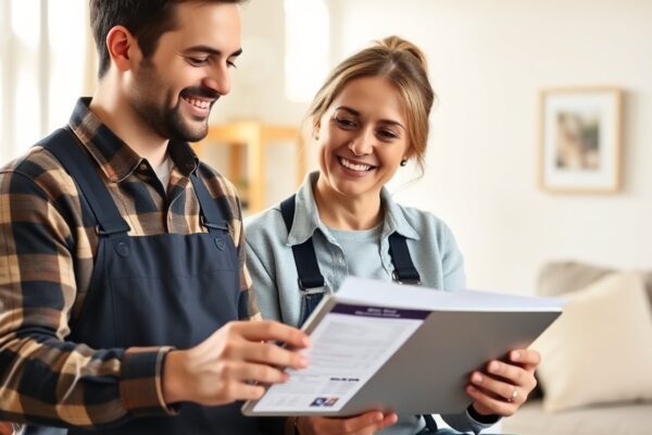 Homeowner and painter reviewing a painting estimate on a tablet in a bright room
