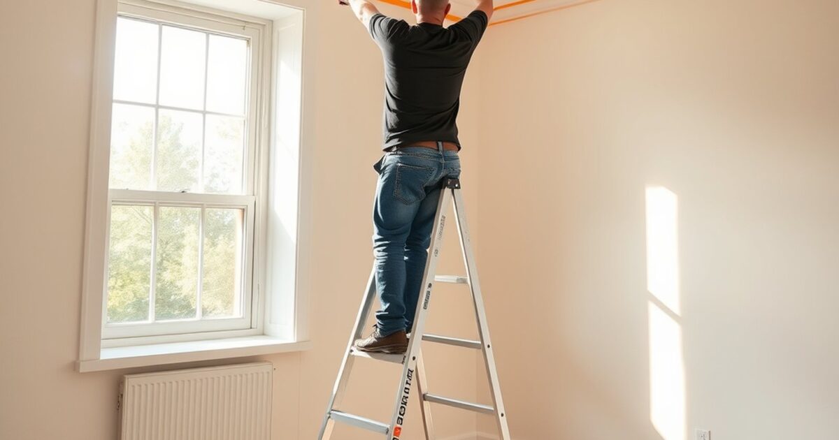 Professional painter on a ladder rolling a ceiling in a bright empty bedroom