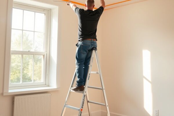 Professional painter on a ladder rolling a ceiling in a bright empty bedroom
