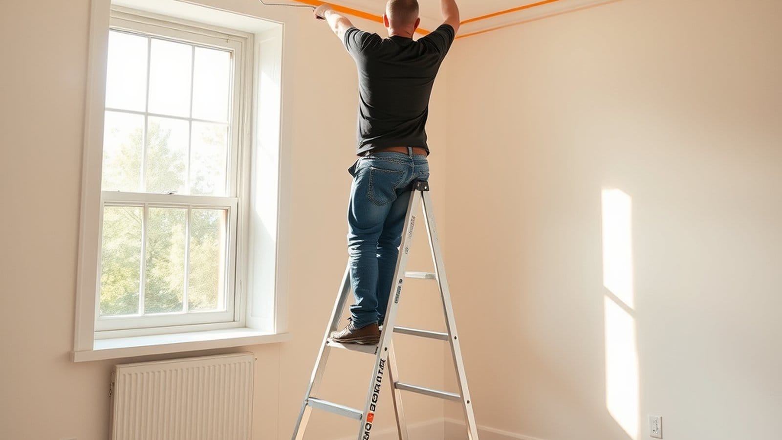 Professional painter on a ladder rolling a ceiling in a bright empty bedroom