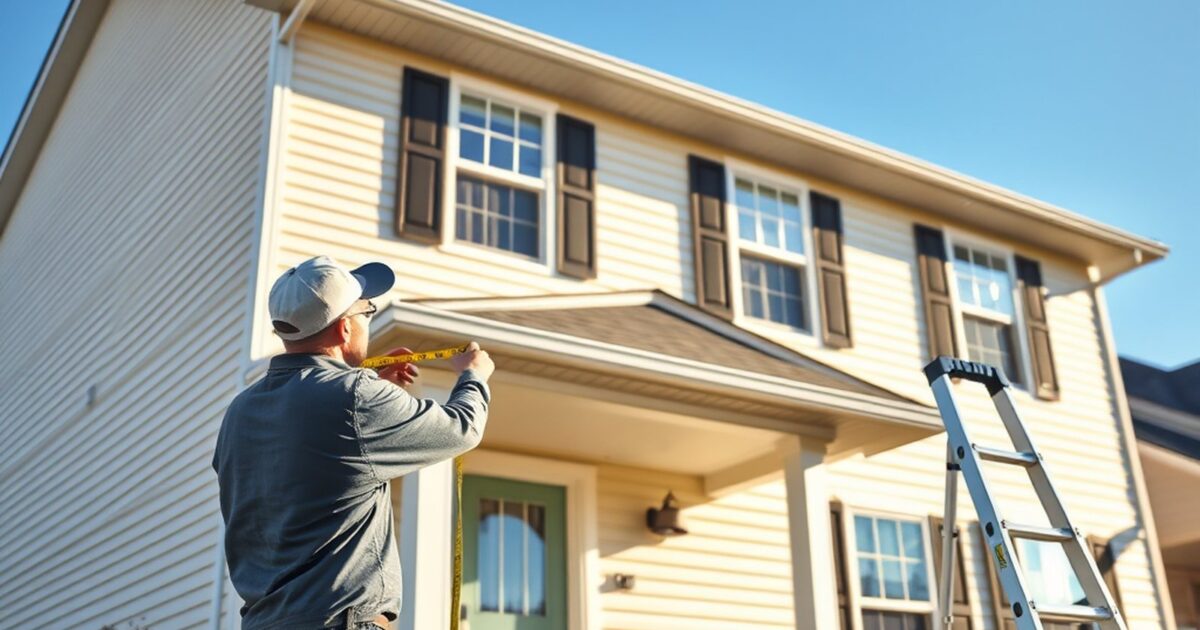 Professional painter measuring the front of a two-story home for an exterior estimate