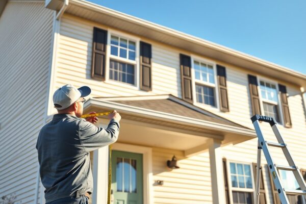 Professional painter measuring the front of a two-story home for an exterior estimate