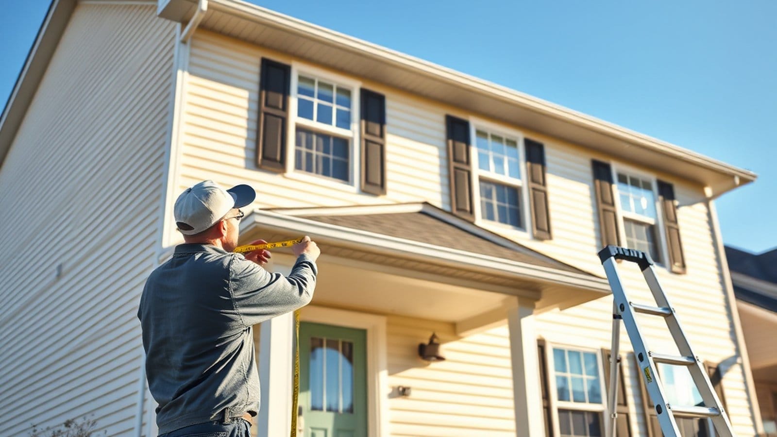 Professional painter measuring the front of a two-story home for an exterior estimate