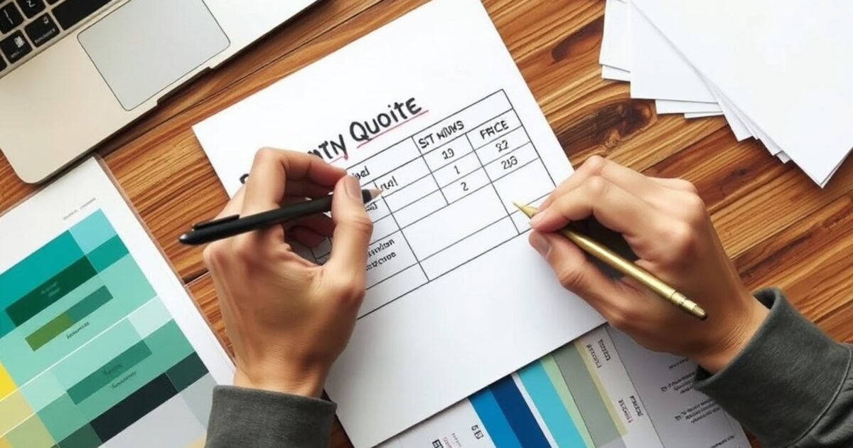 Hands writing a painting quote on a notepad beside a laptop and color swatches