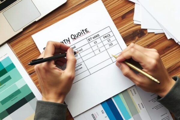Hands writing a painting quote on a notepad beside a laptop and color swatches
