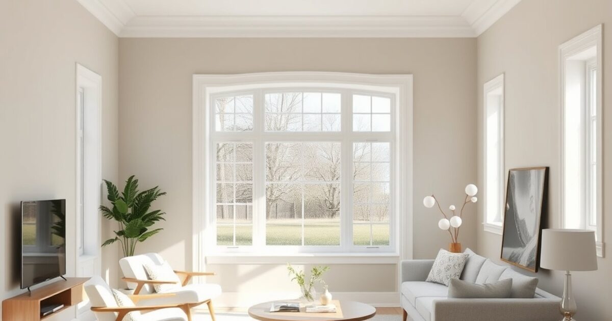 Bright airy freshly painted modern living room with soft greige walls and mid-century furnishings