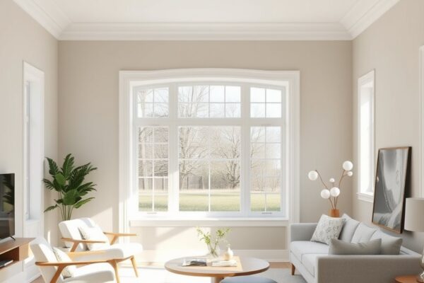 Bright airy freshly painted modern living room with soft greige walls and mid-century furnishings