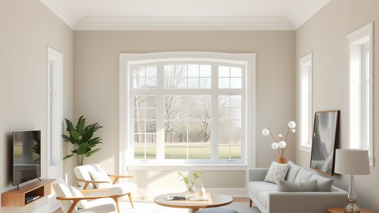 Bright airy freshly painted modern living room with soft greige walls and mid-century furnishings