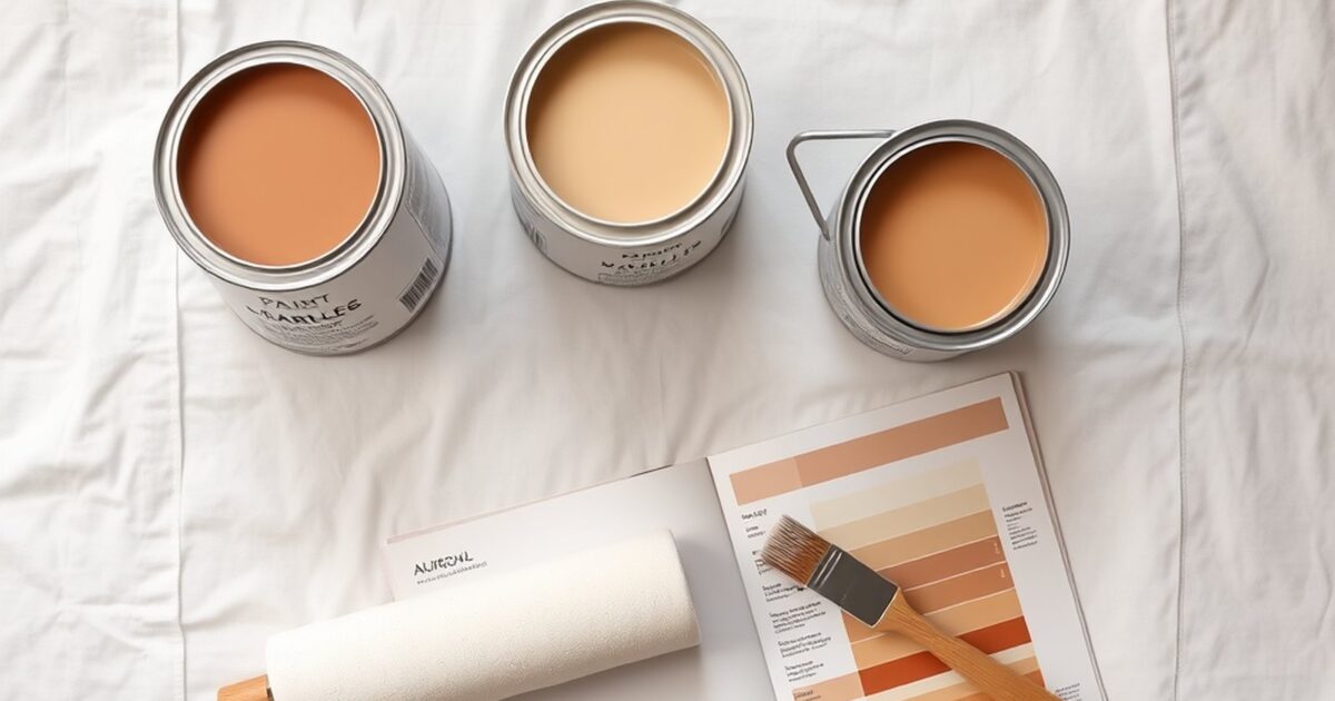 Three paint cans on a white drop cloth with a roller, brush, and open color swatch book