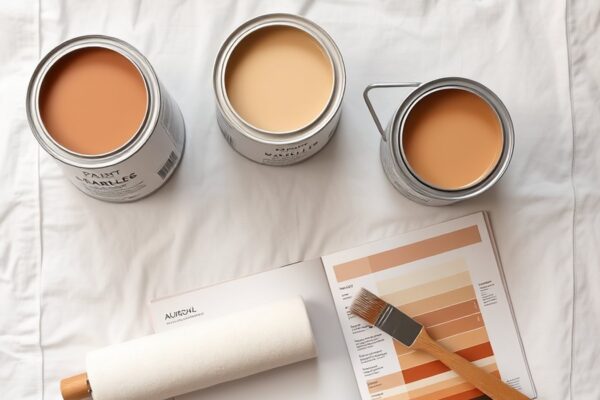 Three paint cans on a white drop cloth with a roller, brush, and open color swatch book