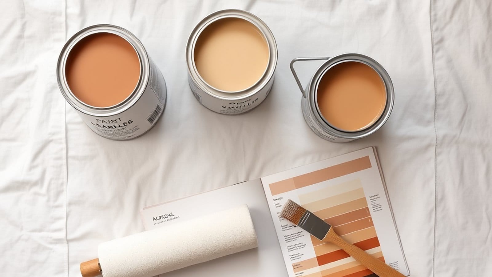 Three paint cans on a white drop cloth with a roller, brush, and open color swatch book