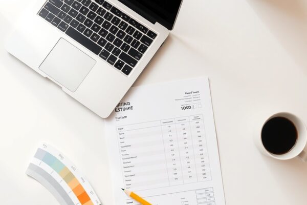 Clean desk with a printed painting estimate template, paint swatches, and a laptop