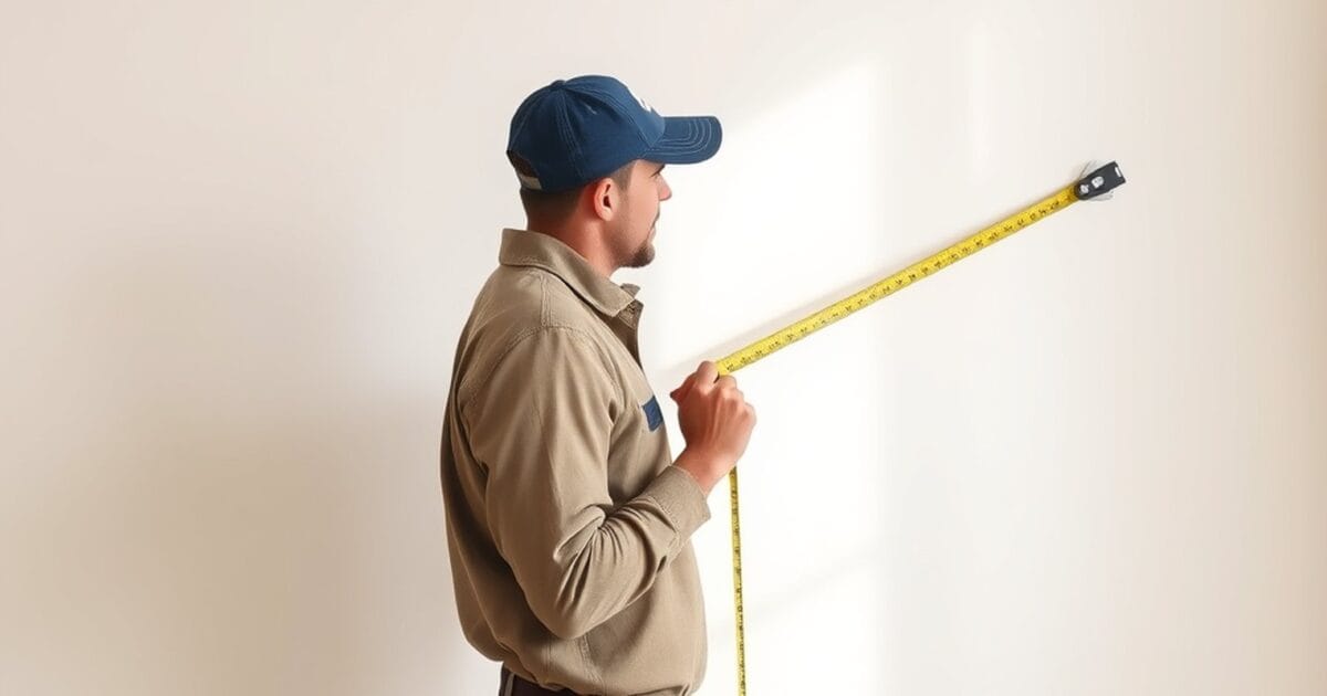 Professional painter measuring an interior wall with a yellow tape for a painting estimate