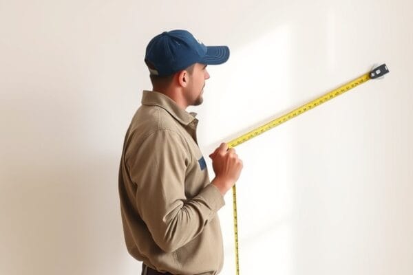 Professional painter measuring an interior wall with a yellow tape for a painting estimate