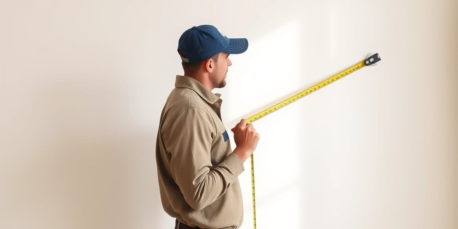 Professional painter measuring an interior wall with a yellow tape for a painting estimate