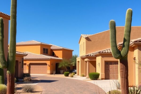 Desert-toned stucco home in a Phoenix suburb with a saguaro in the yard