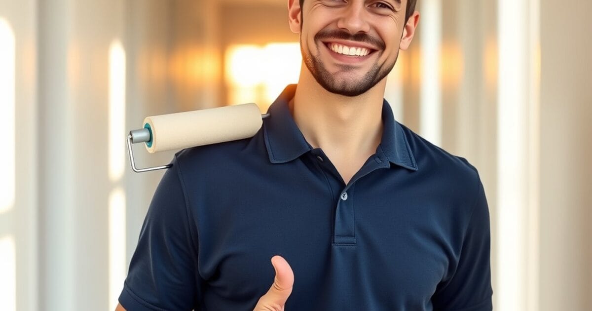 Friendly professional painter smiling with a roller on his shoulder giving a thumbs up