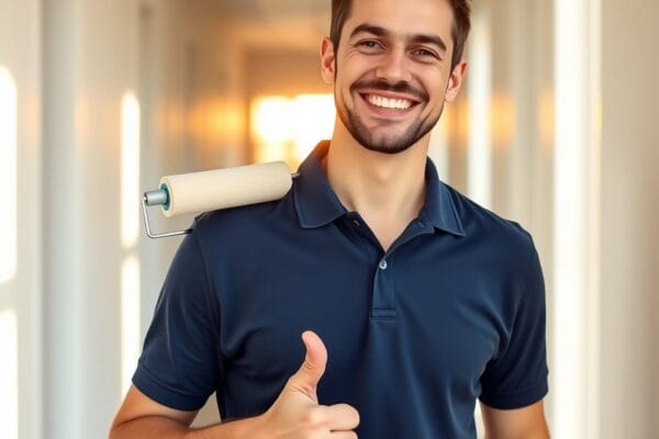 Friendly professional painter smiling with a roller on his shoulder giving a thumbs up