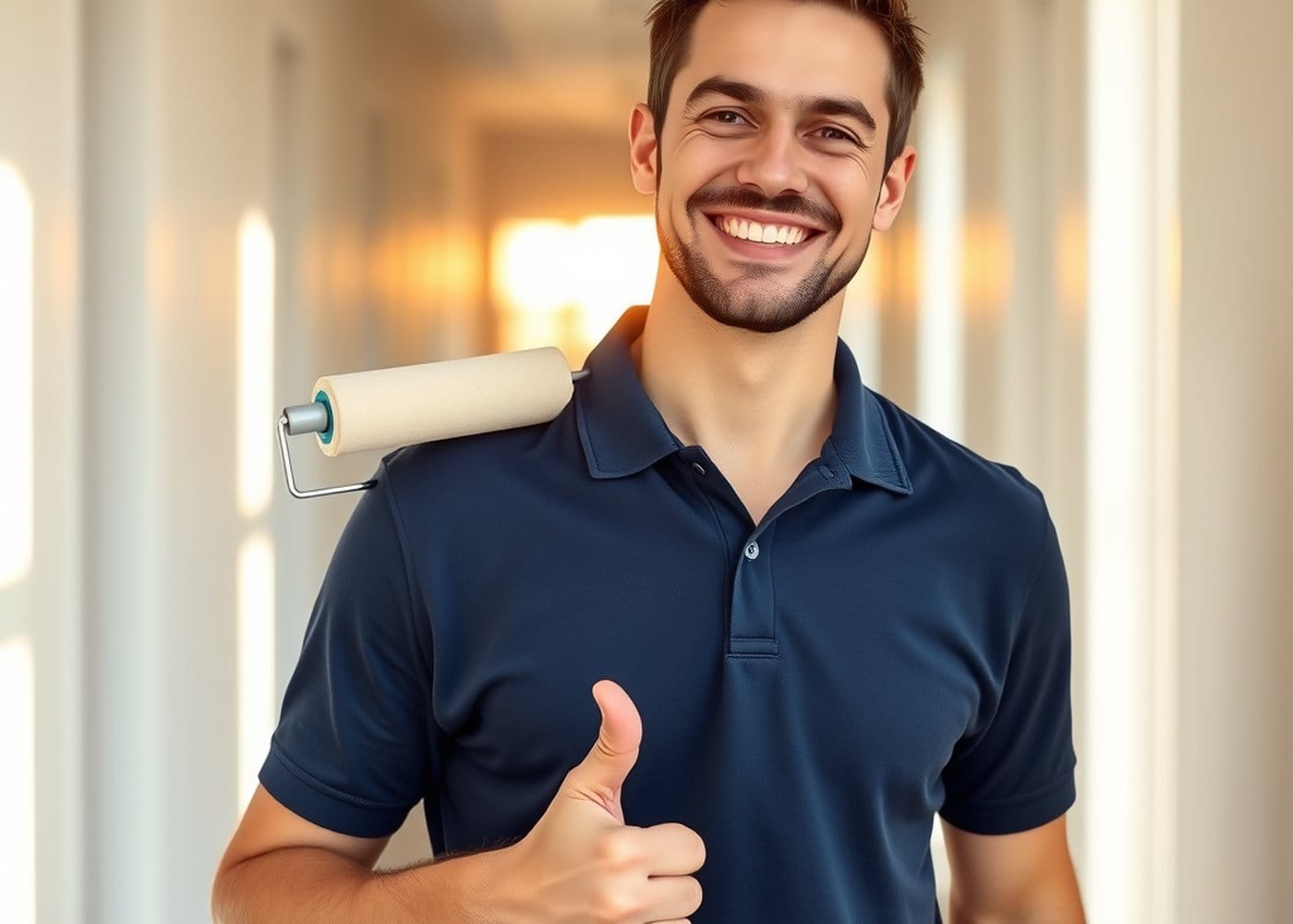 Friendly professional painter smiling with a roller on his shoulder giving a thumbs up