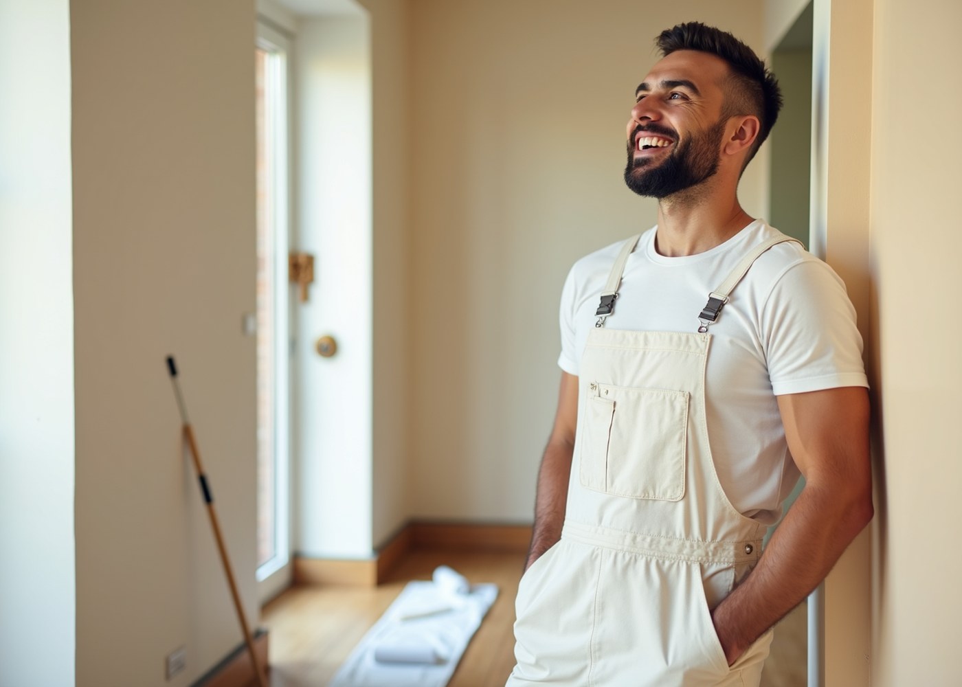 Professional painter smiling warmly in a freshly painted interior