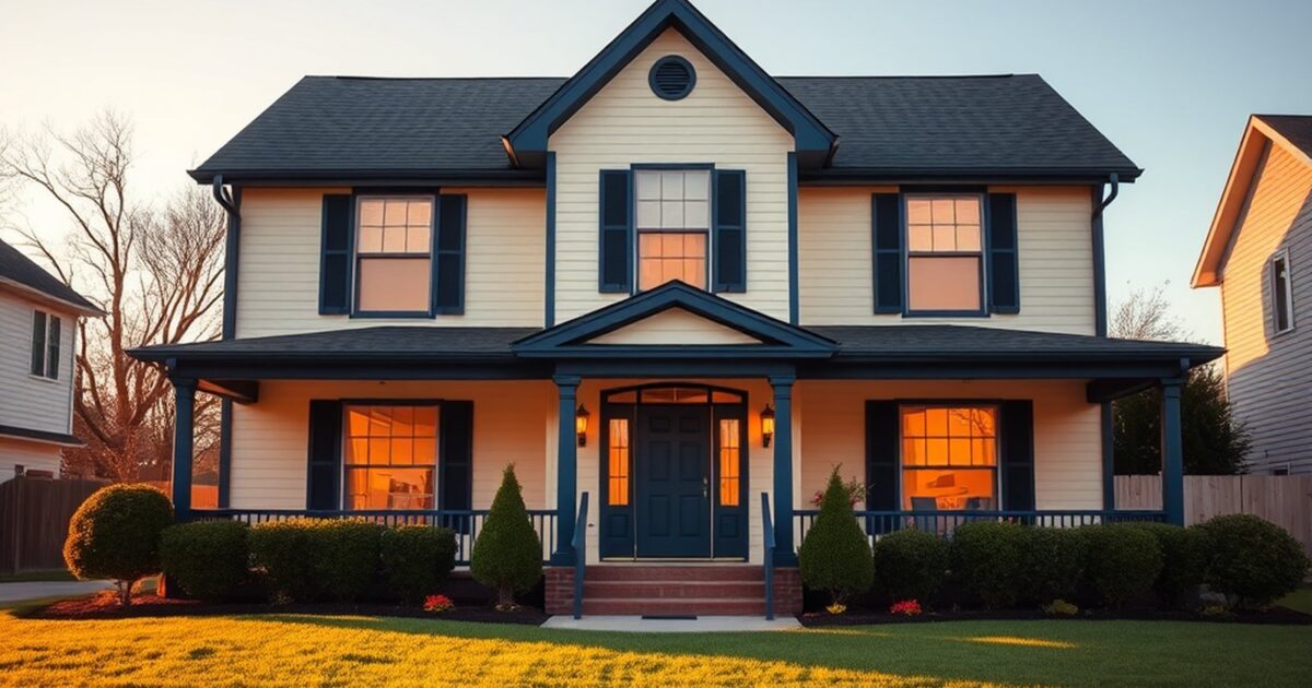 Two-story home with cream siding and navy trim painted by a professional crew