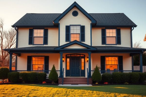 Two-story home with cream siding and navy trim painted by a professional crew