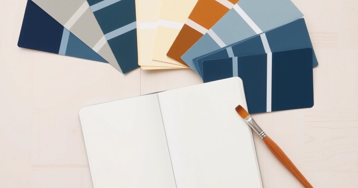 Fanned paint color swatch cards and an open notebook on a light wood surface