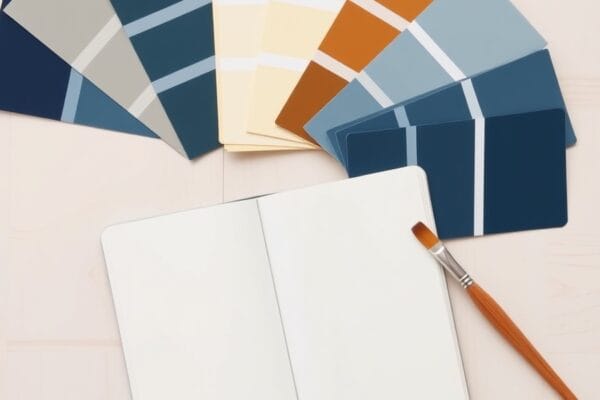 Fanned paint color swatch cards and an open notebook on a light wood surface