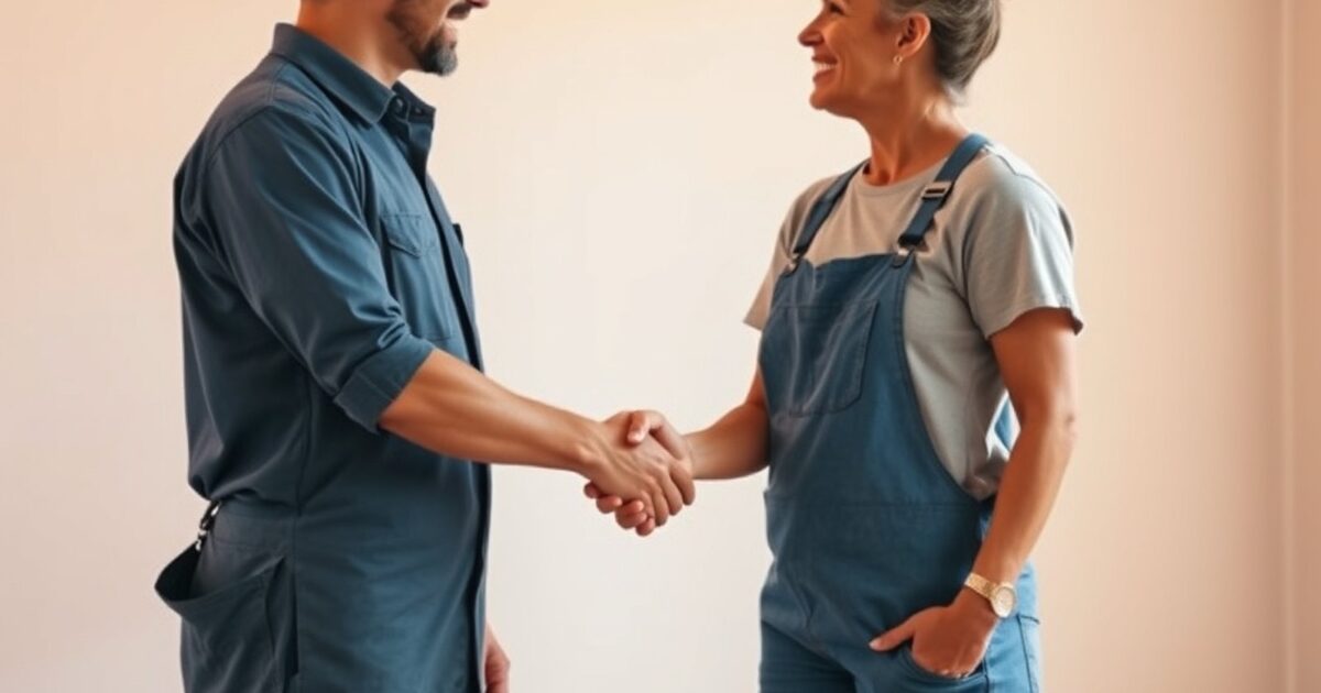 A painter and a homeowner shake hands after agreeing on a painting quote