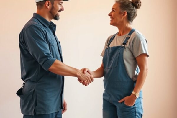 A painter and a homeowner shake hands after agreeing on a painting quote