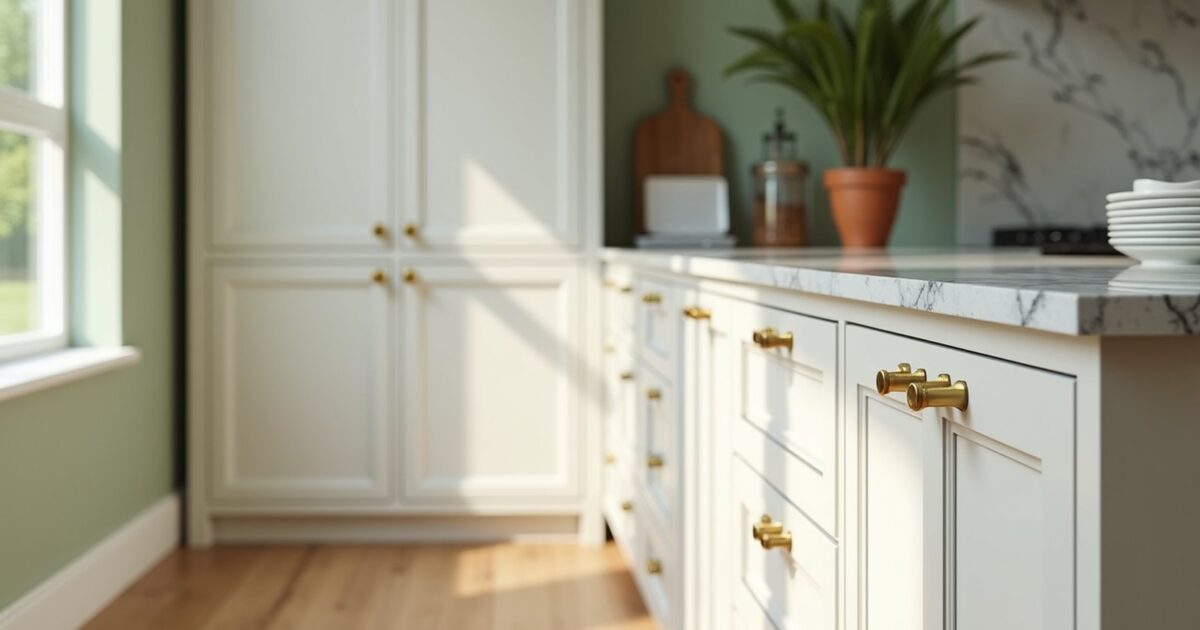 Freshly painted white shaker kitchen cabinets with brushed gold hardware