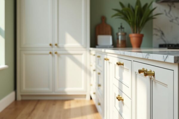Freshly painted white shaker kitchen cabinets with brushed gold hardware