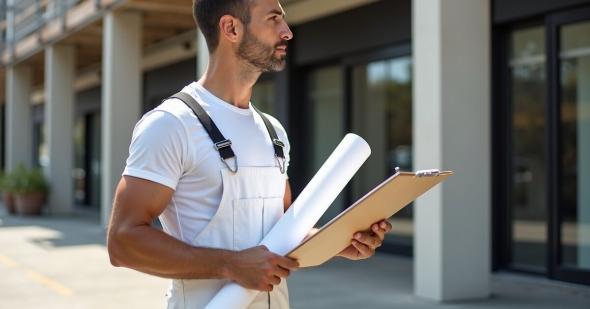 Painter holding drawings in front of a modern commercial storefront with scaffolding