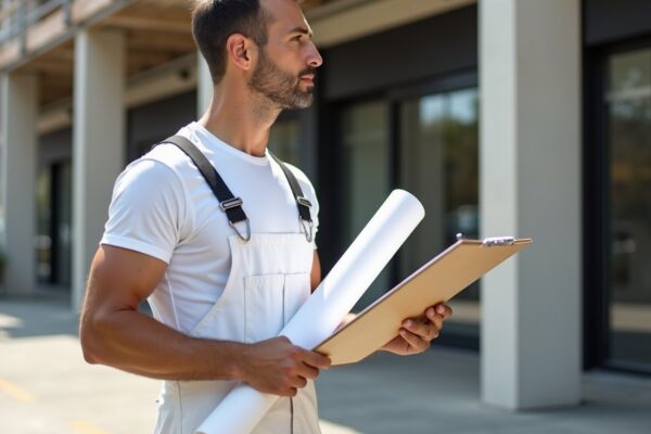 Painter holding drawings in front of a modern commercial storefront with scaffolding