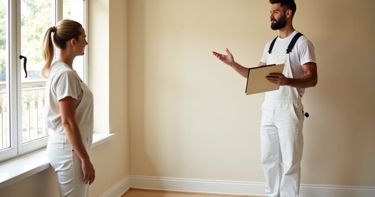 Painter explaining a painting estimate to homeowners in a bright living room