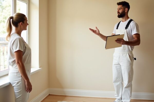 Painter explaining a painting estimate to homeowners in a bright living room