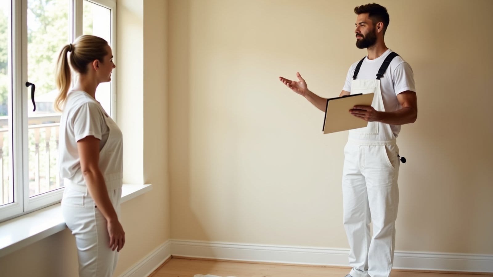 Painter explaining a painting estimate to homeowners in a bright living room