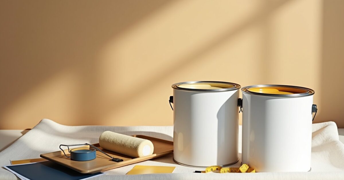 Paint cans, roller, measuring tape and swatches arranged on a canvas drop cloth