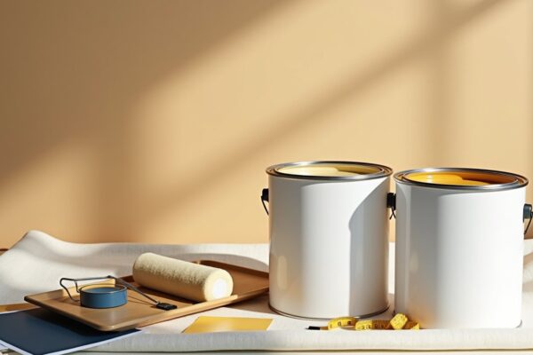 Paint cans, roller, measuring tape and swatches arranged on a canvas drop cloth