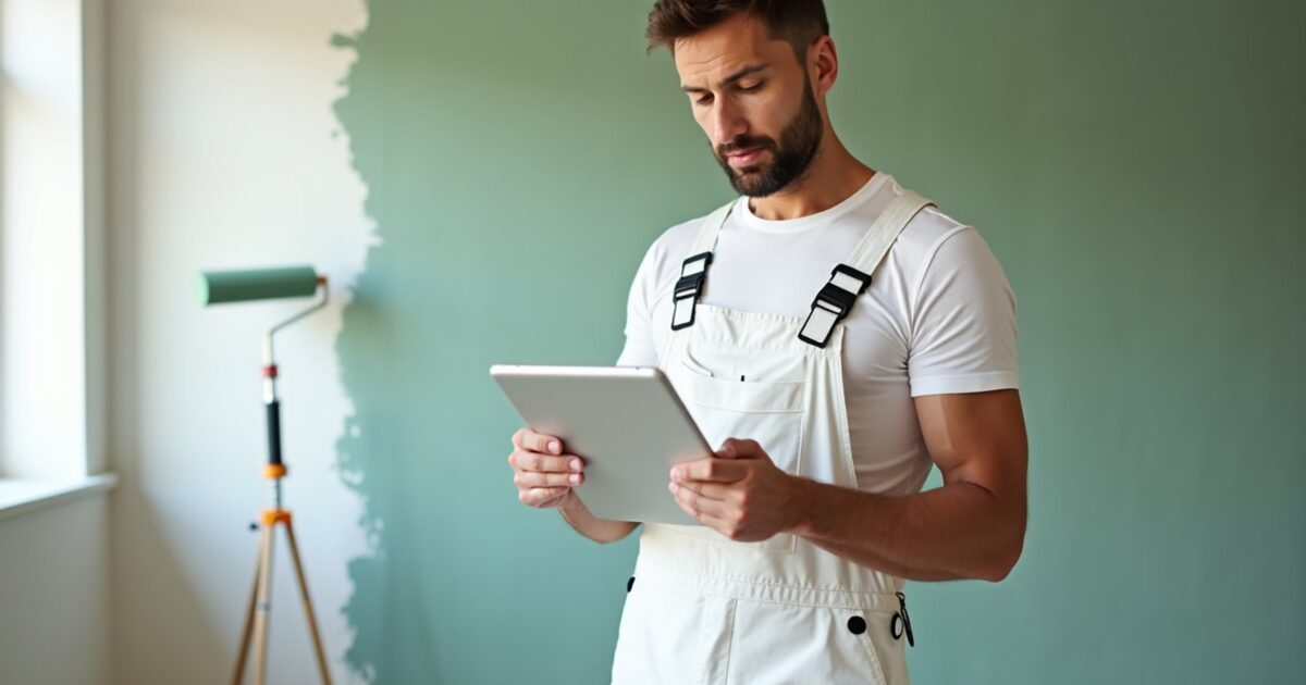 Painter holding a tablet inside a partially painted modern living room
